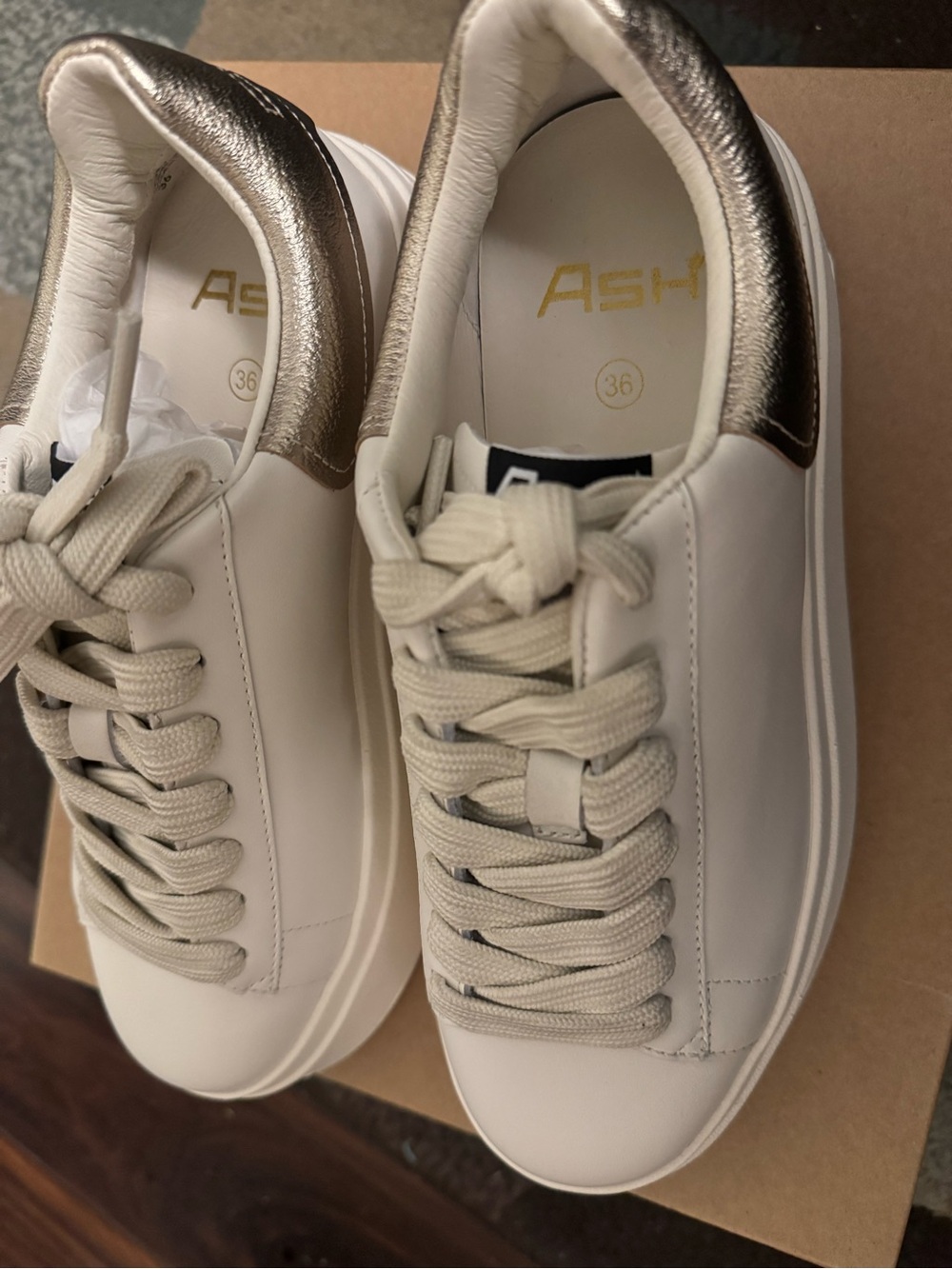 ASH white Leather Platform Sneakers with Metallic Gold Heel Tab